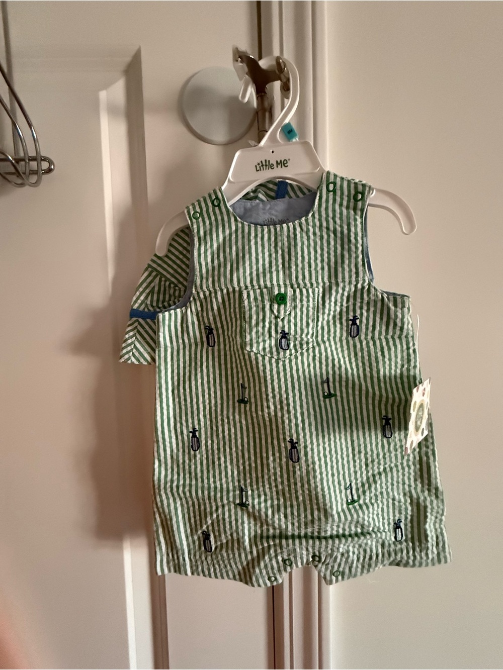Little Me Green and White Striped Nautical Romper with Hat